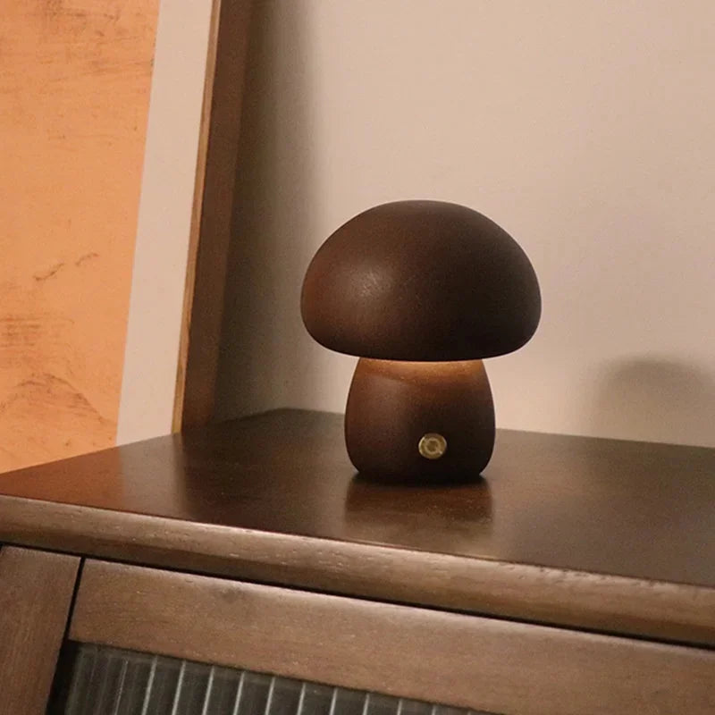 Wooden Mushroom Touch Night Light | LED Bedside Lamp (Beech/Rubber Wood)