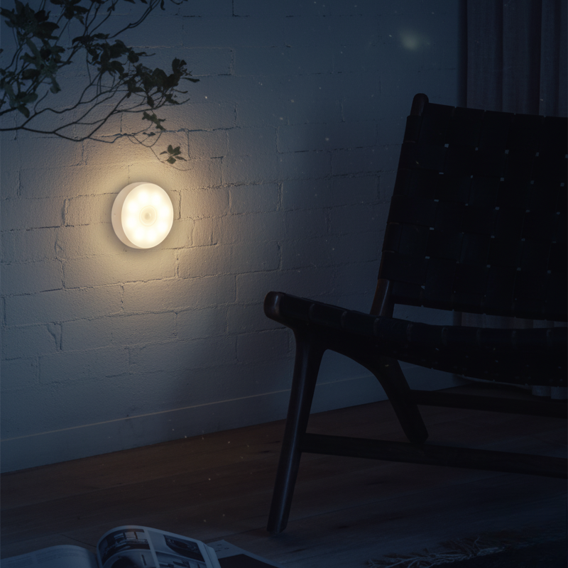 Dark room with a bench and light fixture on a brick wall