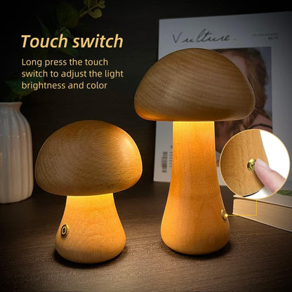 Wooden Mushroom Touch Night Light | LED Bedside Lamp (Beech/Rubber Wood)