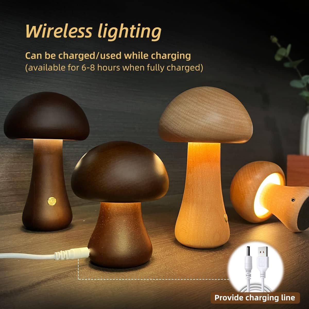 Wooden Mushroom Touch Night Light | LED Bedside Lamp (Beech/Rubber Wood)
