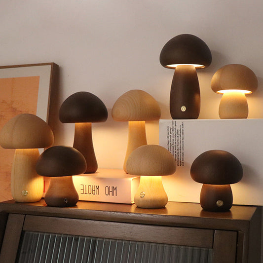 Wooden Mushroom Touch Night Light | LED Bedside Lamp (Beech/Rubber Wood)