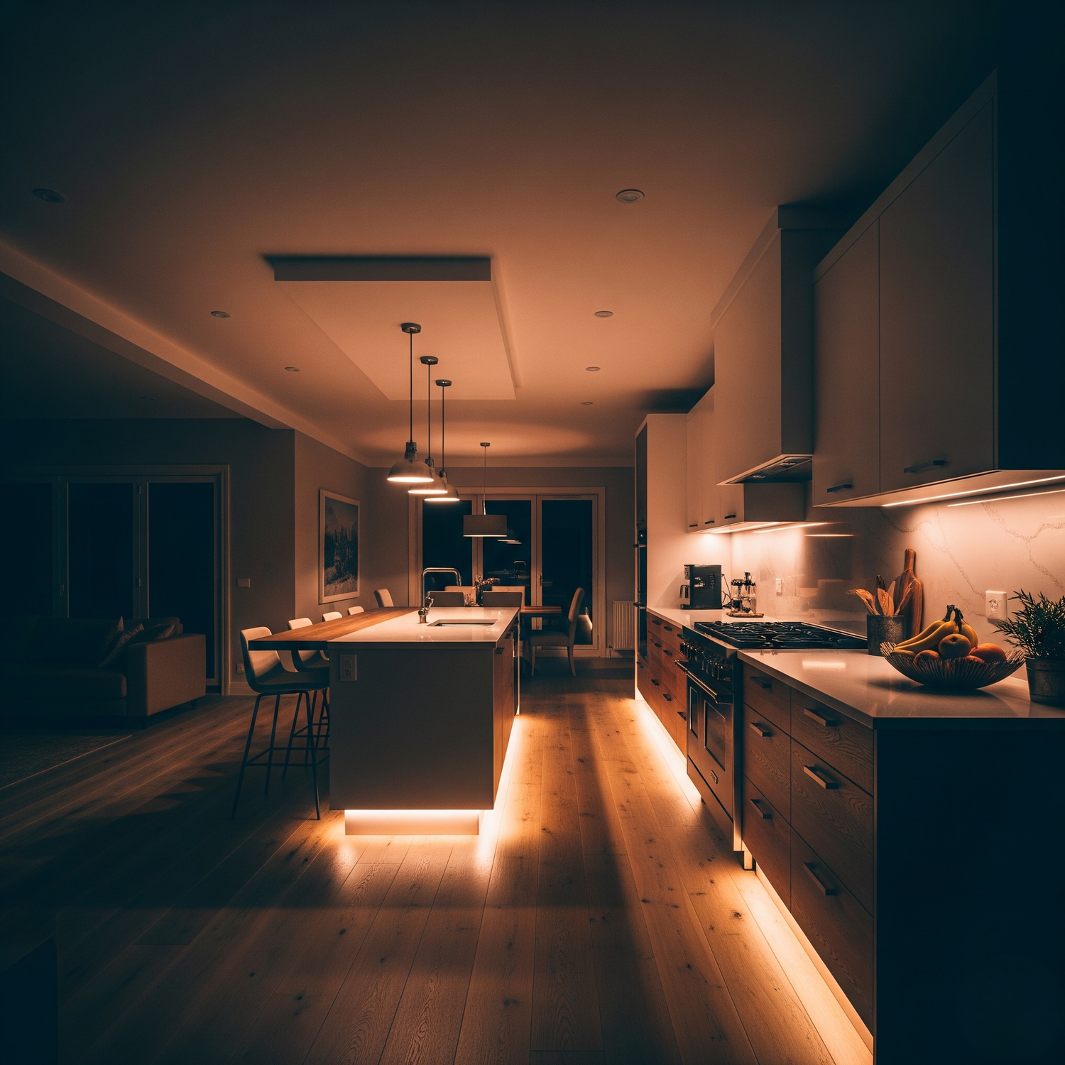 Modern kitchen with island and appliances in a dimly lit room