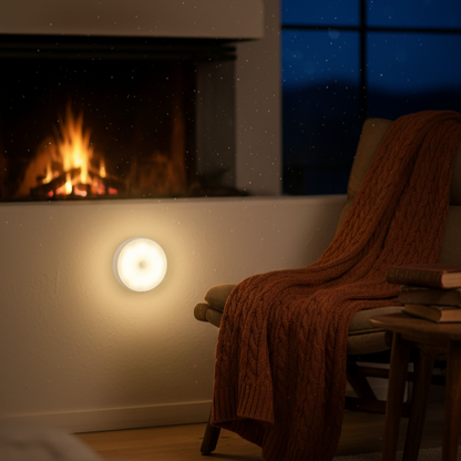 Cozy living room with a fireplace, chair, and night sky view.