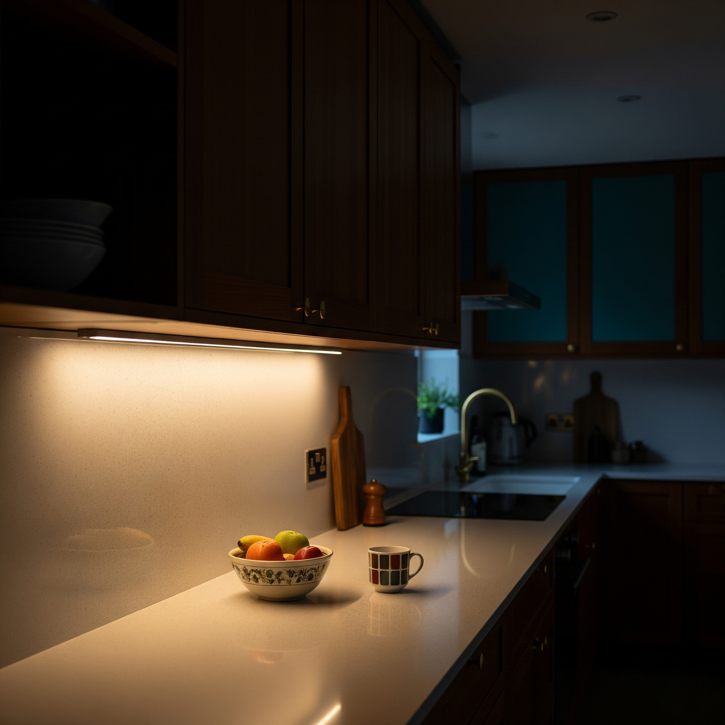 Dark kitchen with a bowl of fruit and a mug on the counter