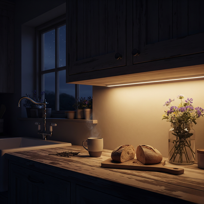 Dark kitchen with wooden counter, bread, mug, and flowers under warm light.