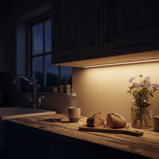 Dark kitchen with wooden counter, bread, mug, and flowers under warm light.