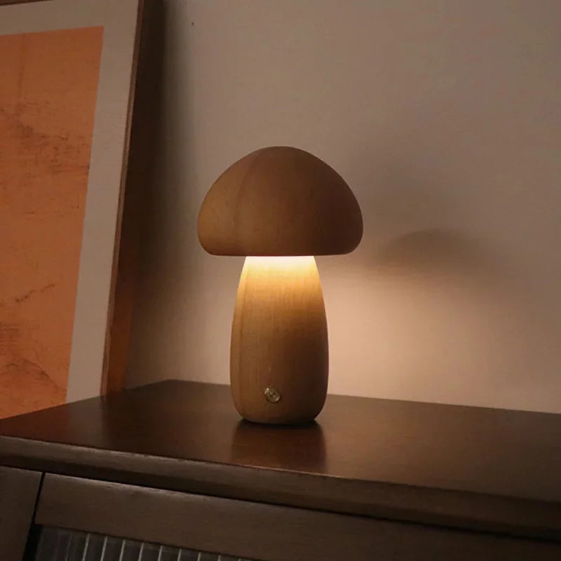 Wooden Mushroom Touch Night Light | LED Bedside Lamp (Beech/Rubber Wood)