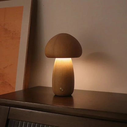 Wooden Mushroom Touch Night Light | LED Bedside Lamp (Beech/Rubber Wood)