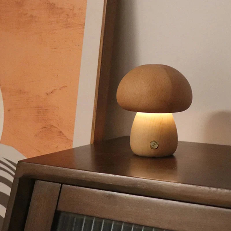 Wooden Mushroom Touch Night Light | LED Bedside Lamp (Beech/Rubber Wood)