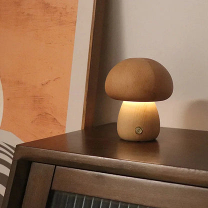 Wooden Mushroom Touch Night Light | LED Bedside Lamp (Beech/Rubber Wood)