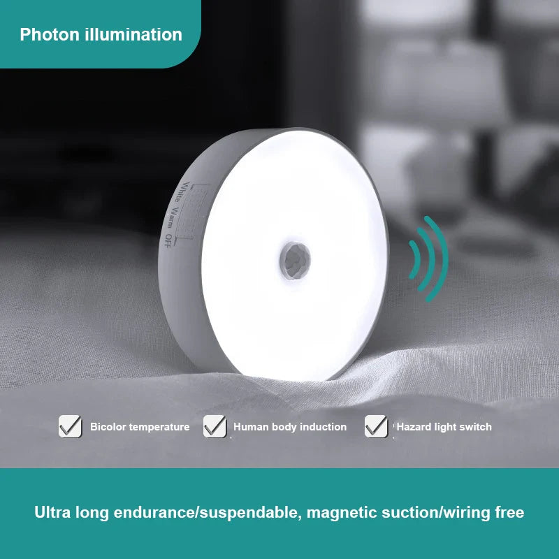 Round night light with photon illumination feature on a gray surface