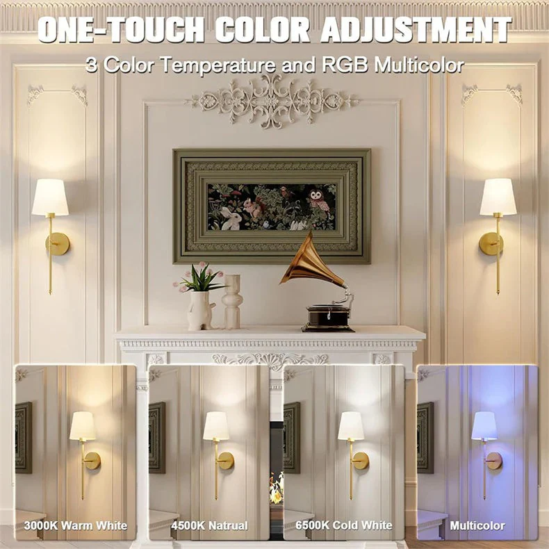 Decorative wall sconce with one-touch color adjustment features on a neutral wall.