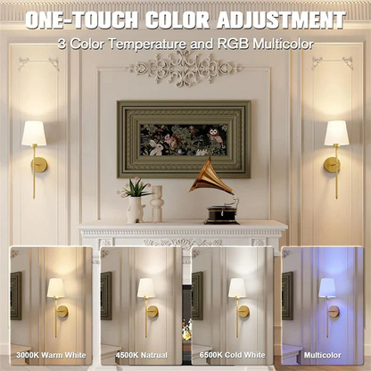 Decorative wall sconce with one-touch color adjustment features on a neutral wall.