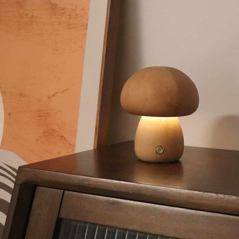 Wooden Mushroom Touch Night Light | LED Bedside Lamp (Beech/Rubber Wood)